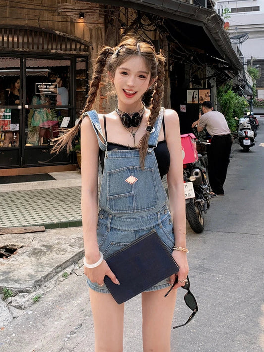 Japanese Kawaii Jean Strap Mini Dress 2000s Y2k Clothing Sleeveless Denim Dress Korean Even Party Outwear