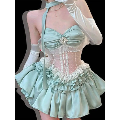 Mint Green Waist Corset Lace Spliced Strapless Dress for Summer New Spicy Girl High Waist Slimming Puffy Cake Mini Dress