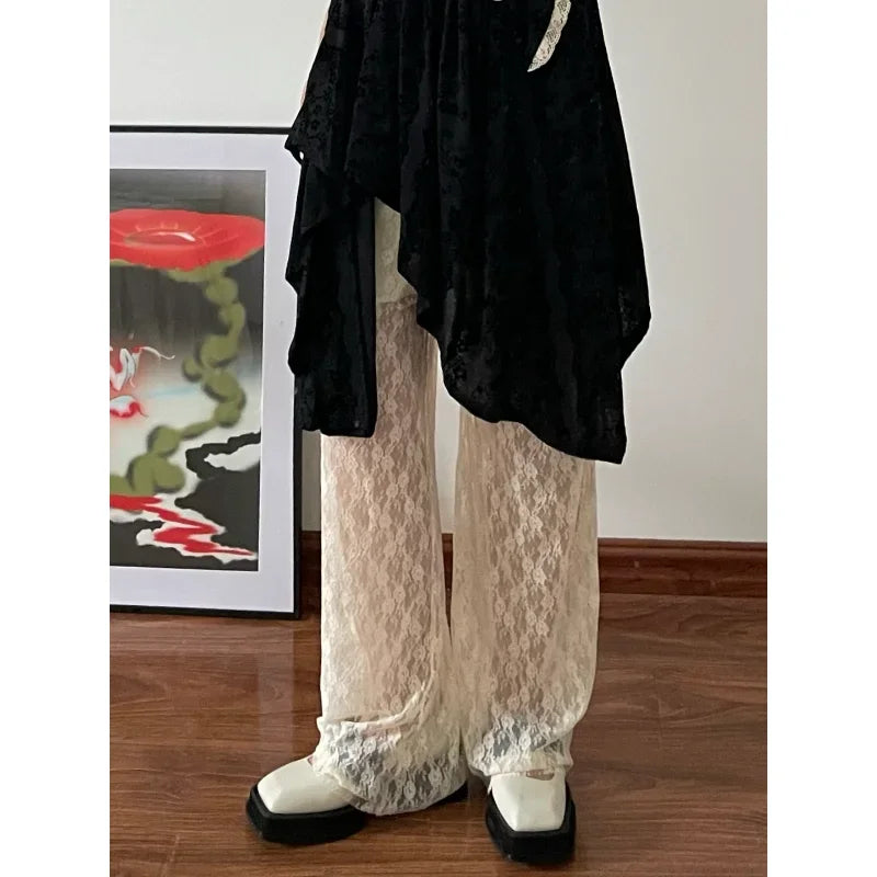 See Through Lace Pant White Hollow Out High Waist Female Summer Outside