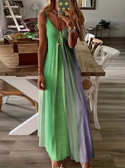 Color Gradient Print Spaghetti Strap Dresses Summer V-neck Beach Vacation Style Long Dress Female A-line Vestidos