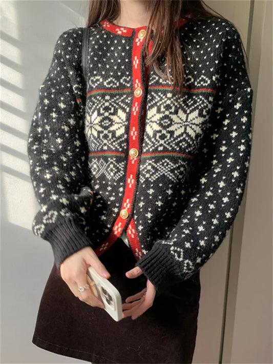 Retro Cardigans Coats Florals Daily Winter Thicken Gentle New Loose Knitwear All Match Sweaters