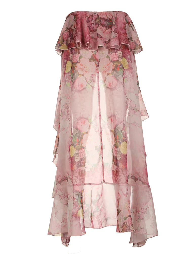 Beach Print Chiffon Ruffled Skirt Asymmetrical Dipped Hem Pink Romantic Vacation Skirts