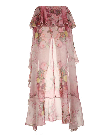Beach Print Chiffon Ruffled Skirt Asymmetrical Dipped Hem Pink Romantic Vacation Skirts