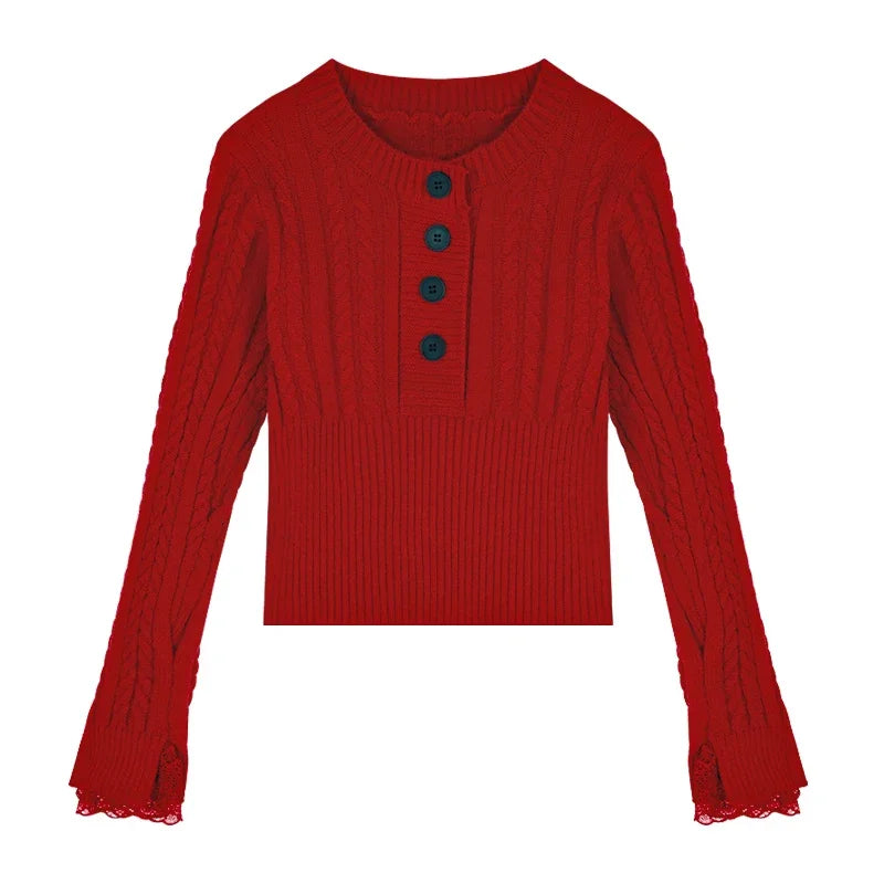 Spring New Korean Lace Splicing Multibutton Color Long Sleeve Sweater + Warm Plush Scarf Twopiece Suit