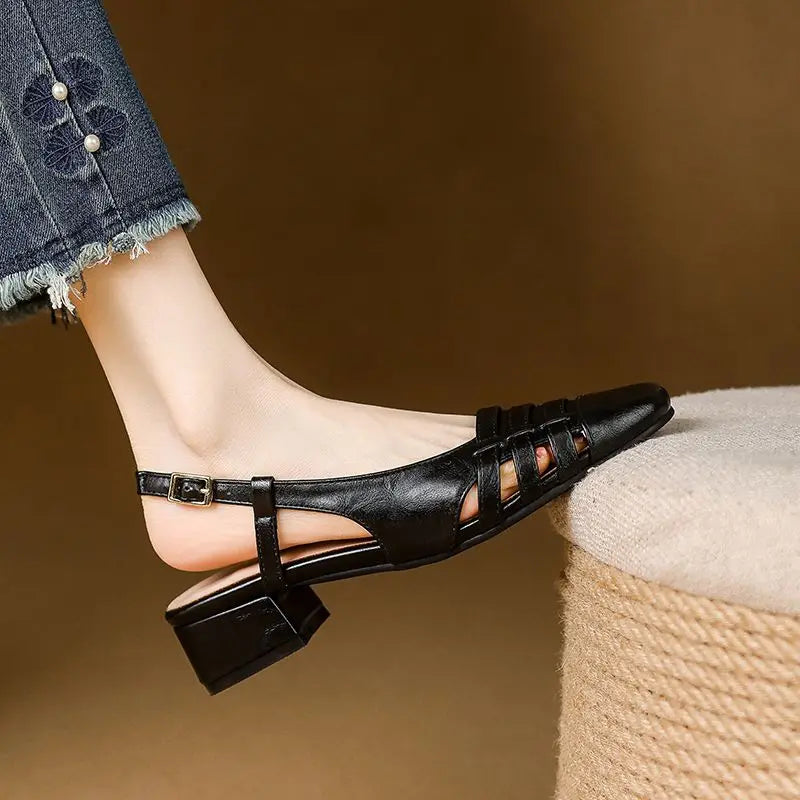 Design Sandals Square Toe Block Heels 3.5cm Back Buckle Strap Big Size 43 Dating Shoes 31 32