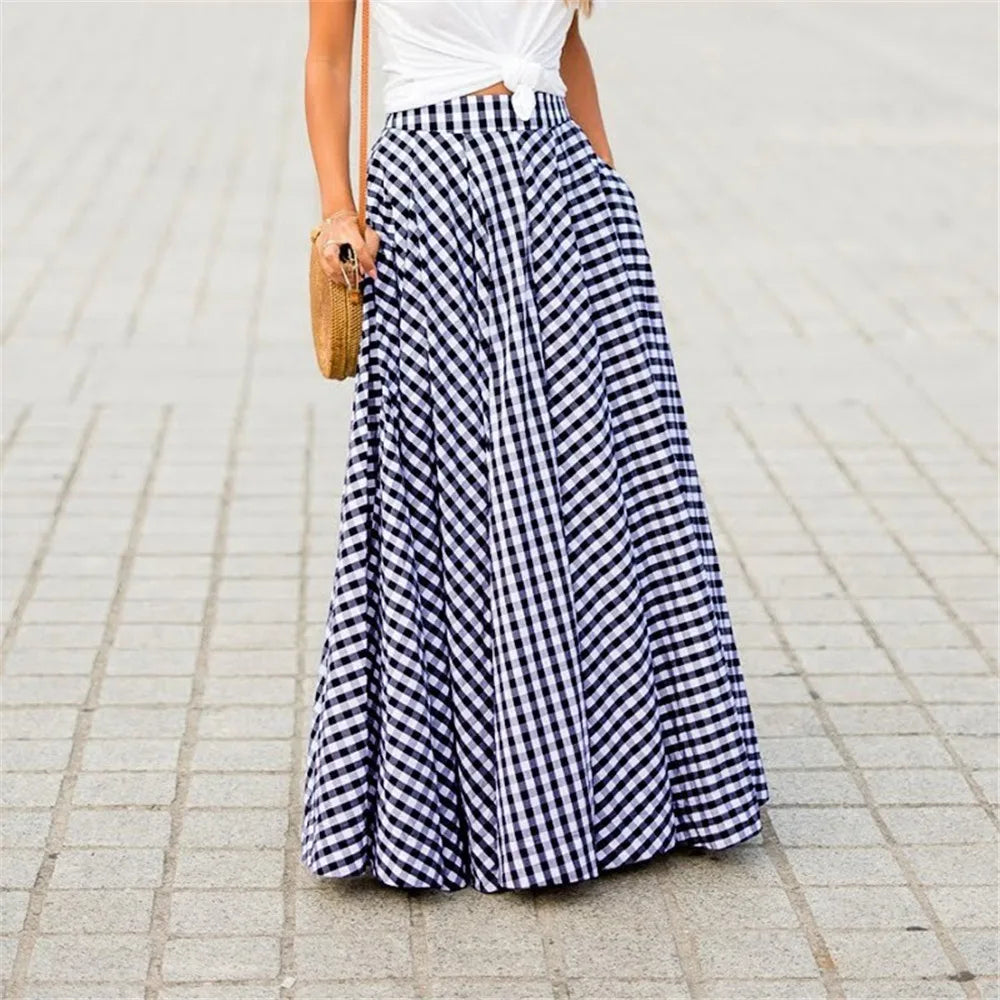 Y2k New Skirts Plaid Check Elastic Waist Long Skirts Zipper Pleated Pockets Skirts