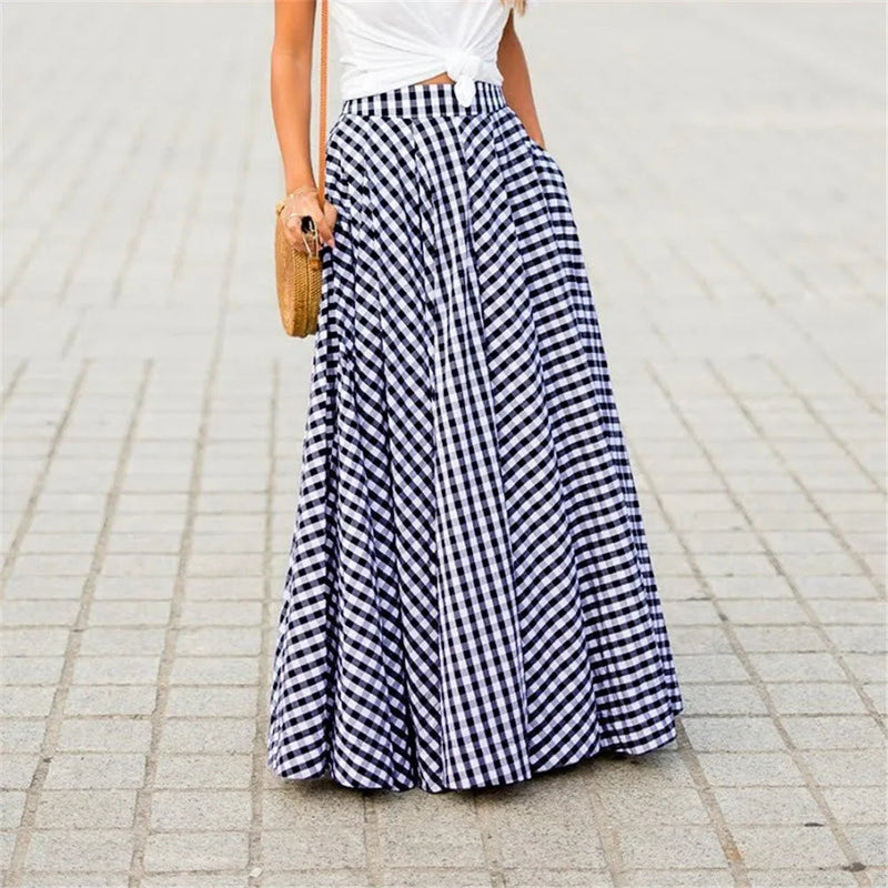 Y2k New Skirts Plaid Check Elastic Waist Long Skirts Zipper Pleated Pockets Skirts