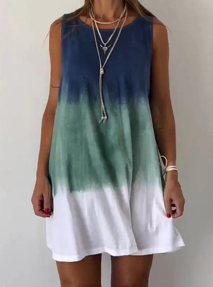 Gradient Tie Dye Print Mini Dresses Summer New Loose O Neck Sleeveless Dress Lady Vestidos