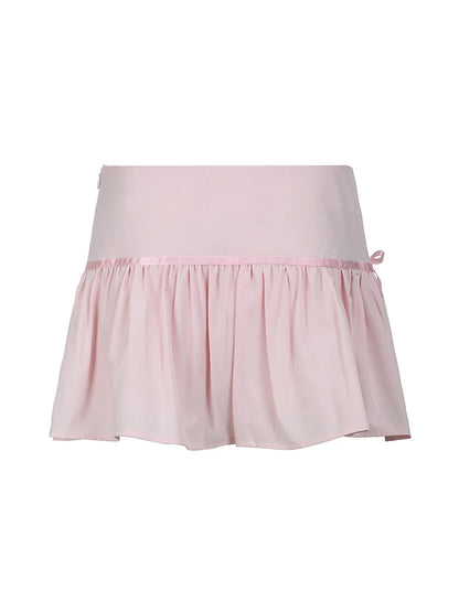 Sweet Y2k Kawaii Pink Bow Pleated Mini Lining Shorts Skirt Korean 2000s Clothing