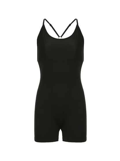 Cross Backless Skinny Black Slip Rompers Playsuit Rave Sports Outfits Summer Vacation Clothing