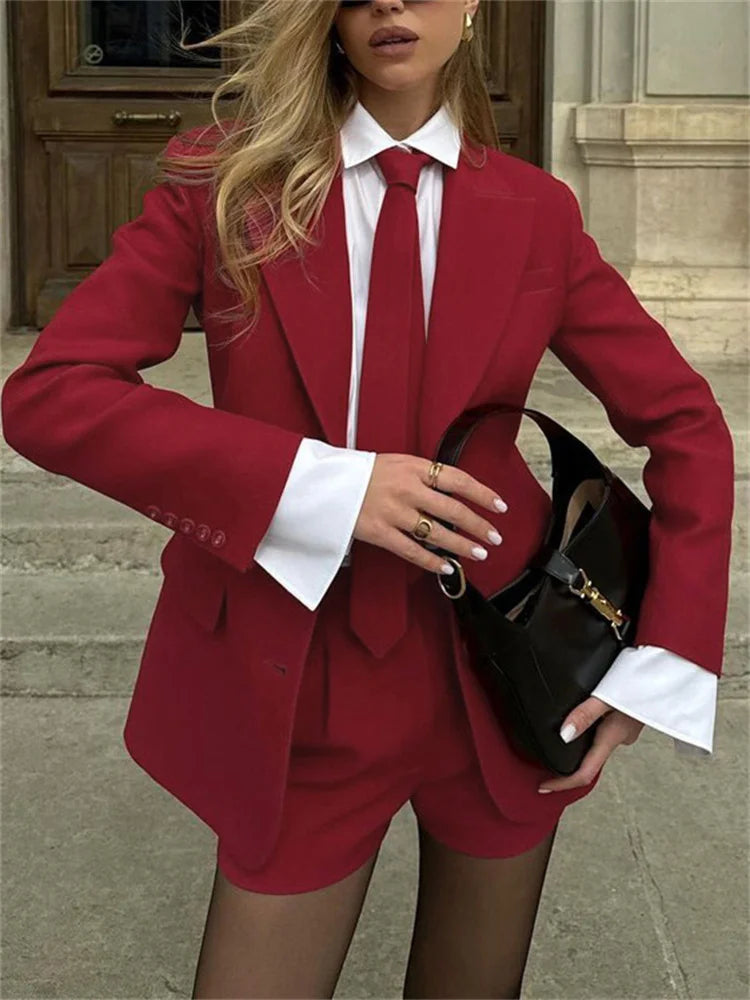Female 2 Piece-set Neckties Suit Pocket Outwear and High Waist Shorts Sets Commute Clothes ’s Outfits Autumn