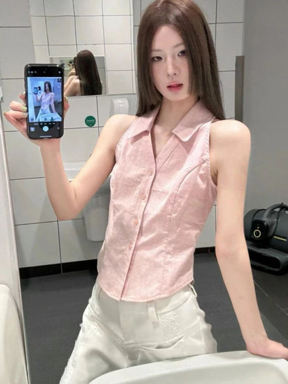 Sleeveless Halter Polo Shirts Summer Y2k Pink Button Up Blouse Female Slim Office Lady Clothes