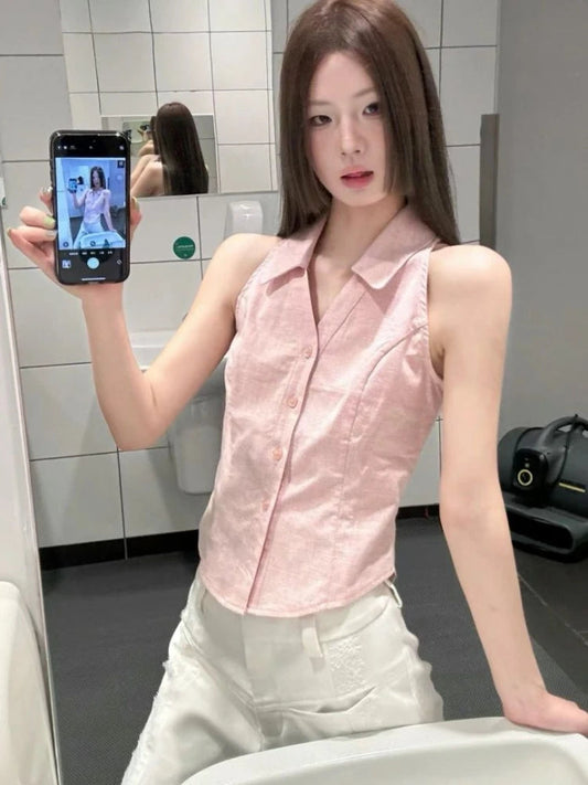 Sleeveless Halter Polo Shirts Summer Y2k Pink Button Up Blouse Female Slim Office Lady Clothes