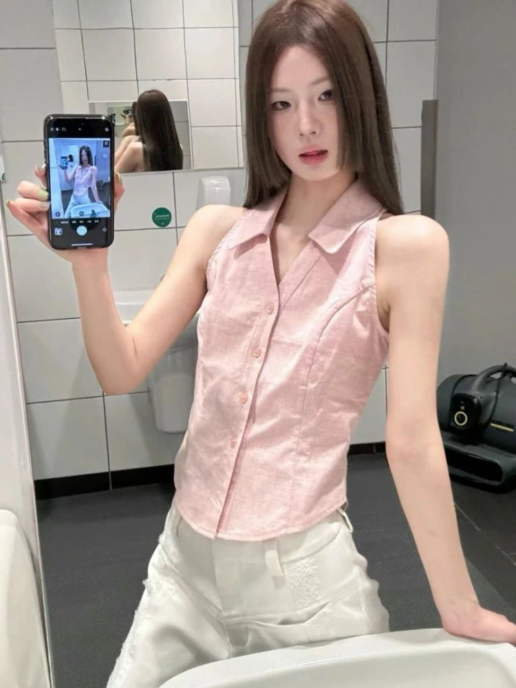 Sleeveless Halter Polo Shirts Summer Y2k Pink Button Up Blouse Female Slim Office Lady Clothes