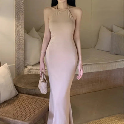 New Slim Sleeveless Midi Dresses Halterneck Backless Birthday Party Bodycon Dress