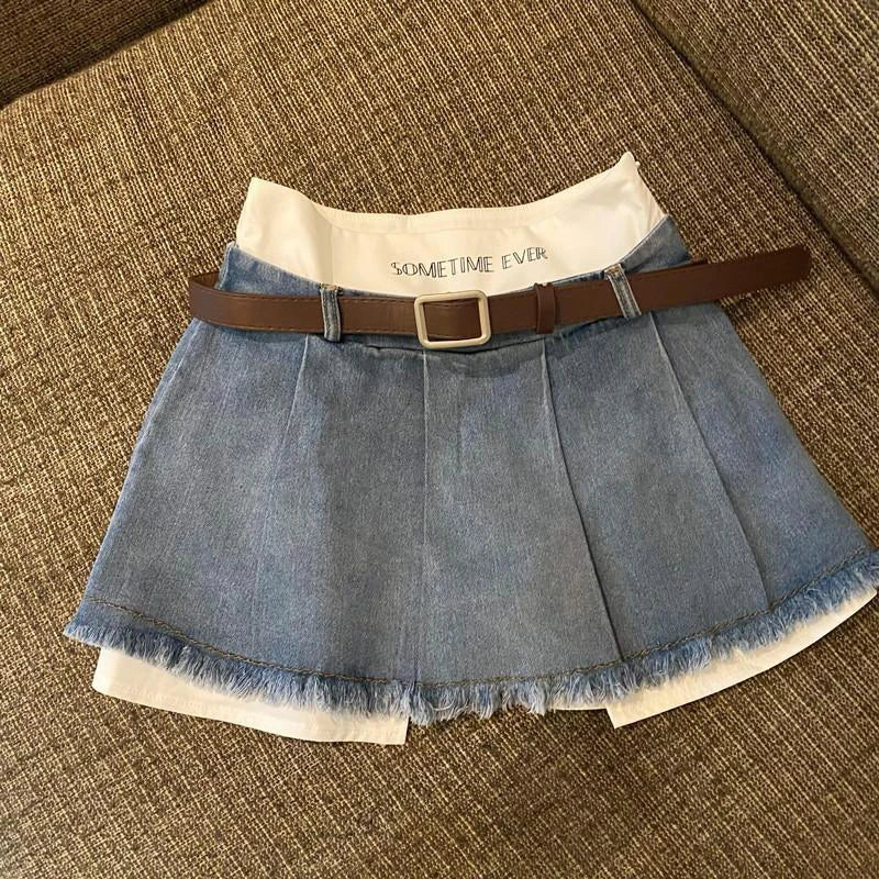 High Waist Denim Skirts Summer Korean Patchwork Mini Skirts Female Tassels Jeans Skirts