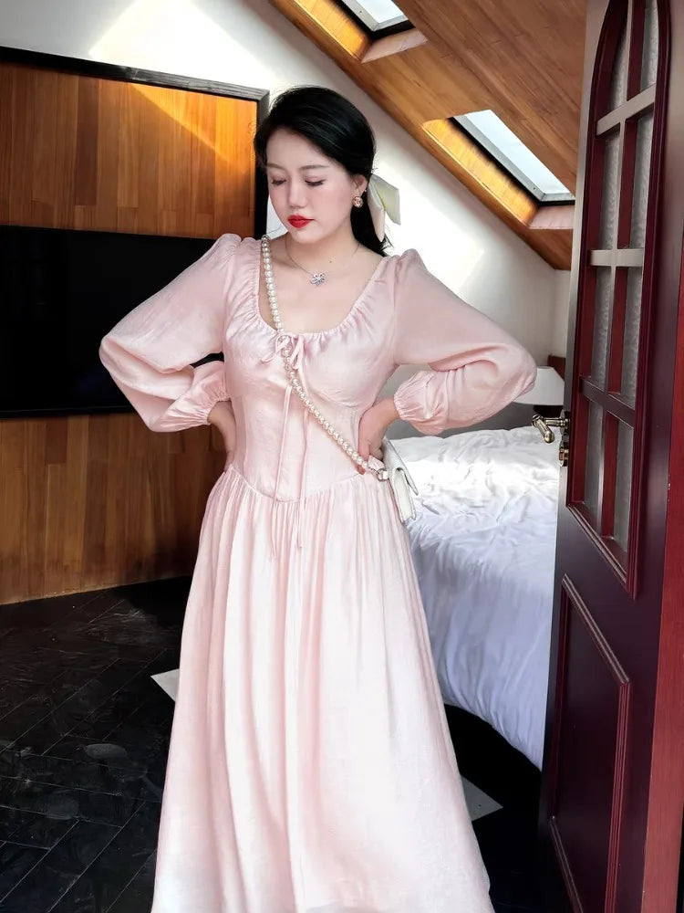 Pink Long Sleeved Dress Autumn Gentle Thin Goddess Gentle Princess Sweet Temperament Fairy Skirt Long Dresses
