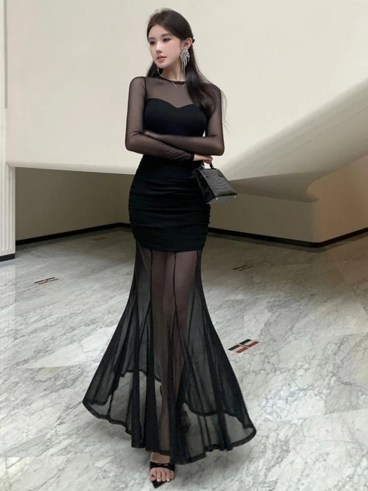 Mesh Maxi Dresses for Bodycon Long Sleeve Mermaid Evening Party Dress Prom Robe Black One Piece Vestidos Mujer New
