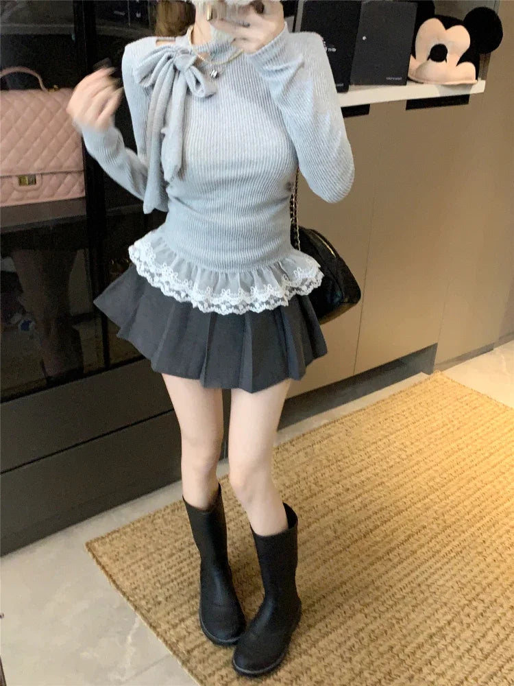 Gray Lace Spliced Knit Base Sweater for Ballet Style Autumn Winter Bow Tie Knitwear Lace Long Sleeve Pullover