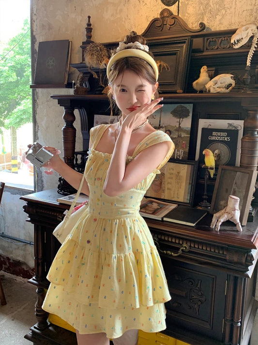 Lolita Kawaii Y2k Colorful Dot Print Dress Sweet Sleeveless Mini Dress Outwear One Piece Dress Korean Clothing