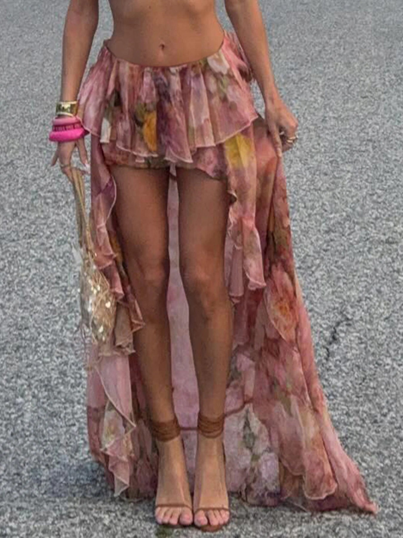 Beach Print Chiffon Ruffled Skirt Asymmetrical Dipped Hem Pink Romantic Vacation Skirts
