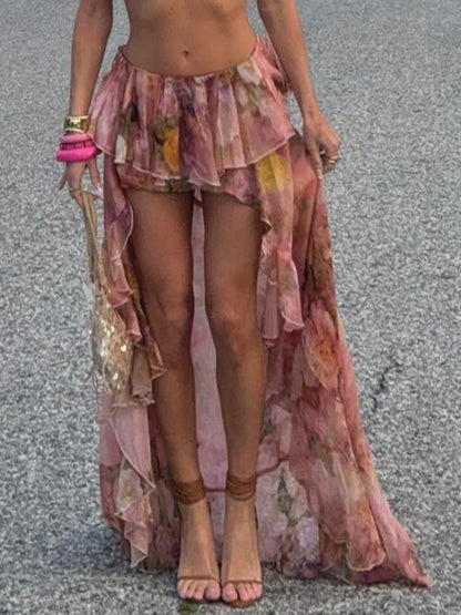 Beach Print Chiffon Ruffled Skirt Asymmetrical Dipped Hem Pink Romantic Vacation Skirts