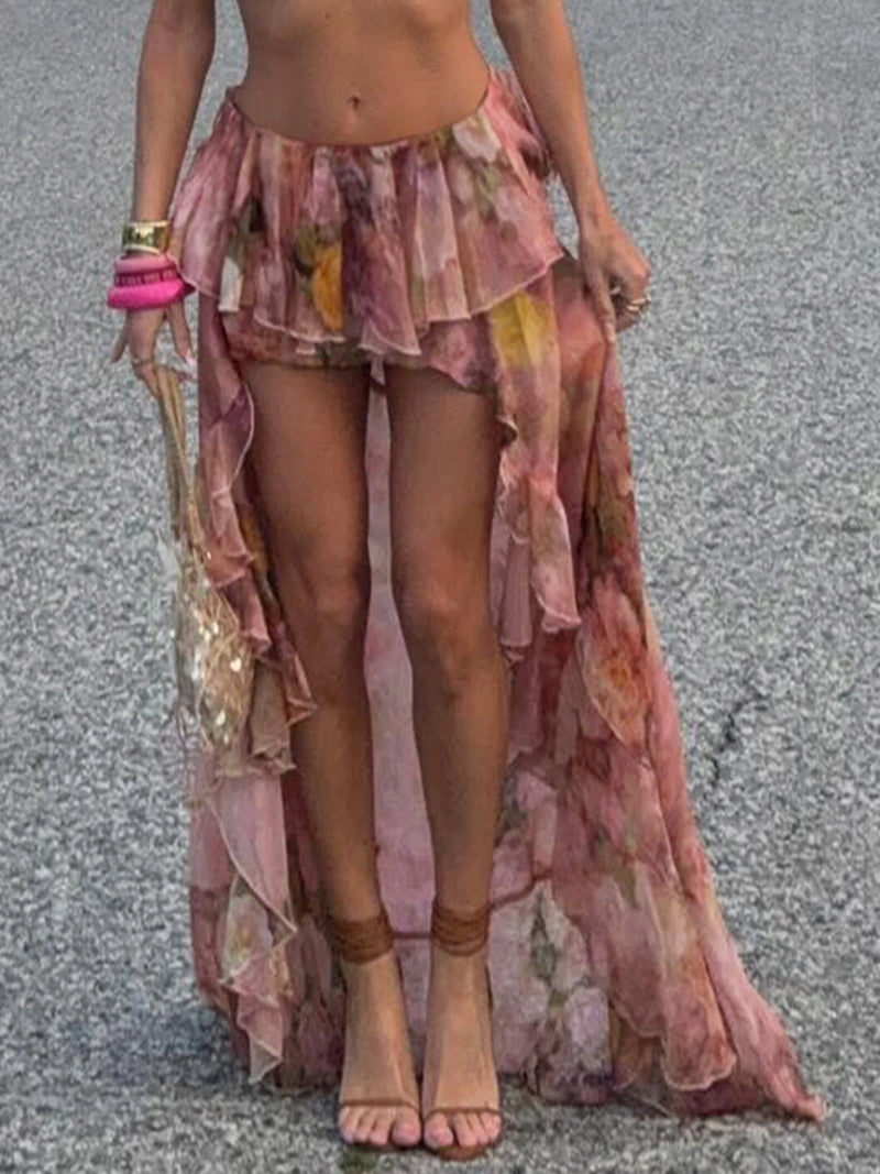 Beach Print Chiffon Ruffled Skirt Asymmetrical Dipped Hem Pink Romantic Vacation Skirts