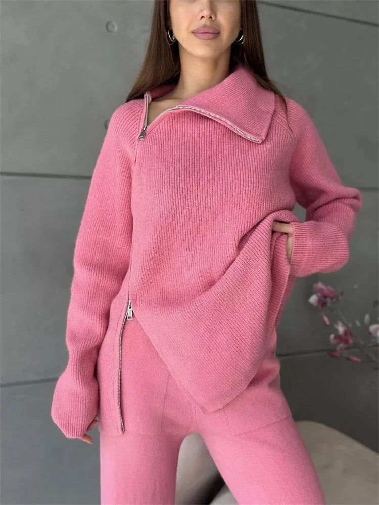 Knit Zipper ’s Pants Sets for Slim Lapel Long Sleeve Pullover and Patchwork Straight Legg 2 Piece-set Winter