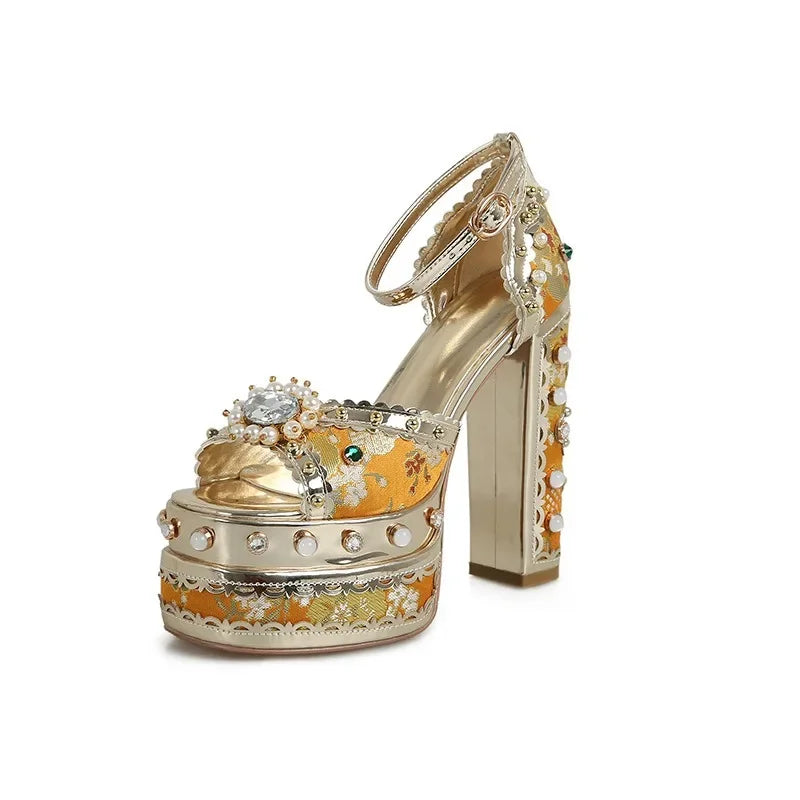 European and American Thick High Heels, Thick Soles, Pure Handmade Diamond Inlaid Sandals, Nightclub Runway Shoes