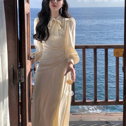 Stain Midi Dresses for Long Sleeve Oneck Bow Tie Aline Korean Vestidos Folded Design Party Prom New