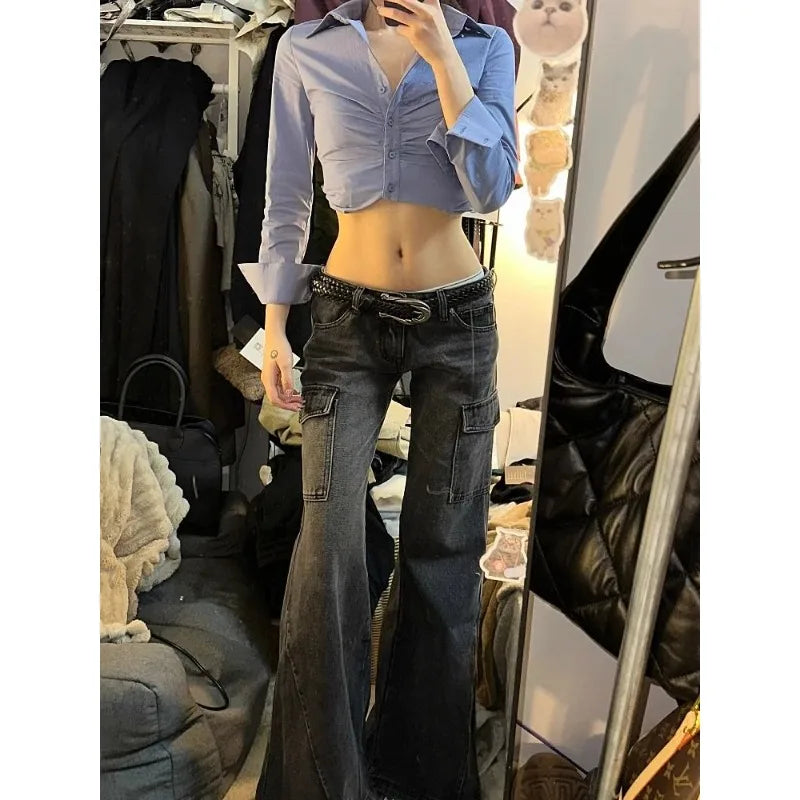 Y2k Flare Cargo Jeans Woman American Retro Low Waist Black Denim Pants Grunge Gothic New Trousers