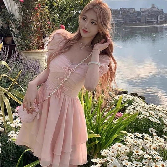 French First Love Pink Heart Neck Bubble Sleeve Dress for Summer New Princess Beach Resort Beach Skirt