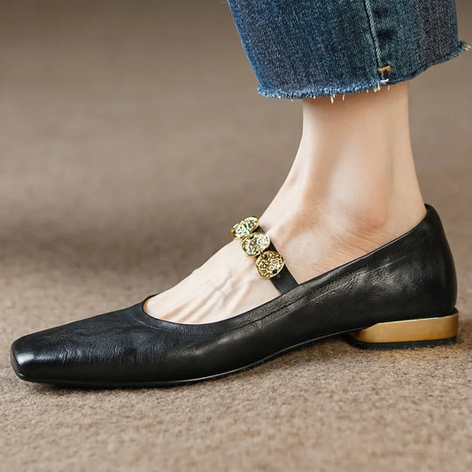 Large Size 3441 Cow Leather Square Toe Slipon Mary Jane Flats Soft Comfortable Moccasins Shoes Woman