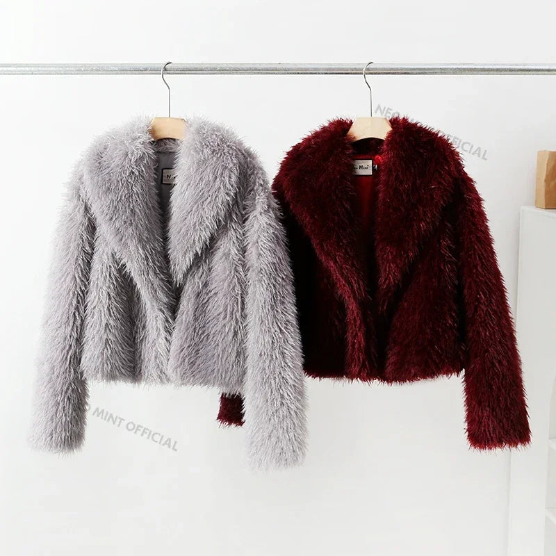 Winter Hot Iconic Blogger Burgundy Faux Fur Coat Overcoat Shawl Collar Lamb Fur Jacket