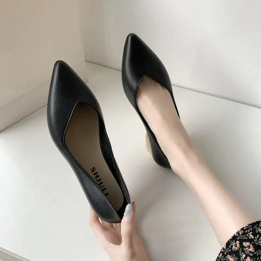 Black Office Shoes for Normal Leather Summer Footwear Low Heel Pointed Toe Young on Y2k