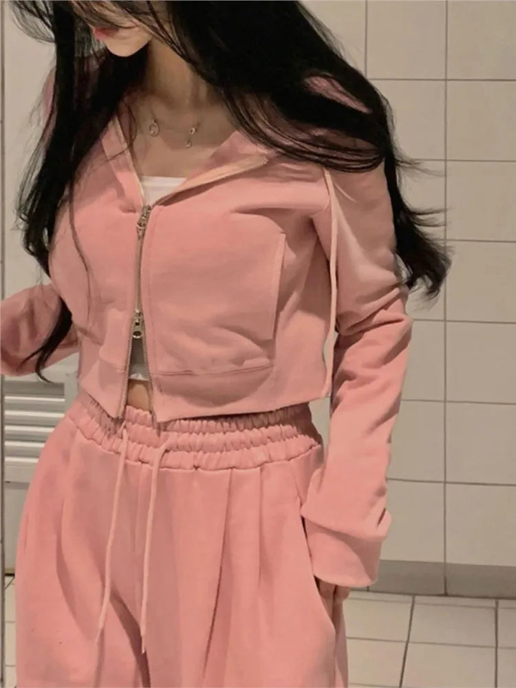 Korean 2-piece Pants Set Tracksuit Autumn New Hooded Zip-up Crop Top Long Pants Outfits