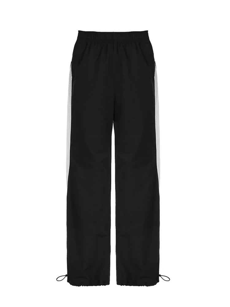 American Retro Straight Leg Track Pants Side Contrast Patchwork Elastic Waist Hippie Jogging Trousers