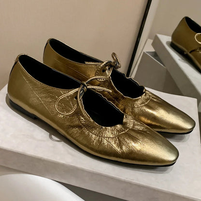 Genuine Leather Pleated Laceup Ballet Flats Round Toe Soft Comfortable Ballerinas Shoes for New