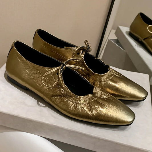 Genuine Leather Pleated Laceup Ballet Flats Round Toe Soft Comfortable Ballerinas Shoes for New