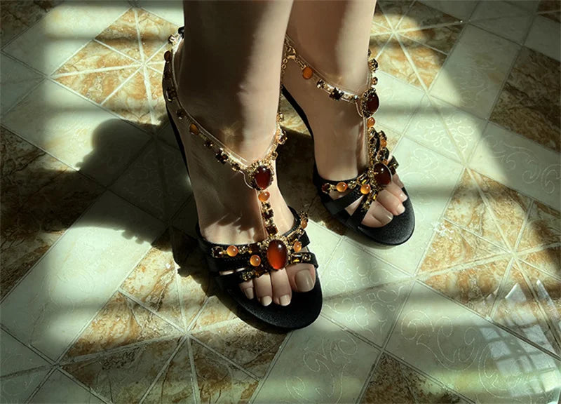 Style Gem Ankle Strap Sandals Silk Open Toe Gladiator High Heels Wedding Prom Shoes Zapatos Mujer