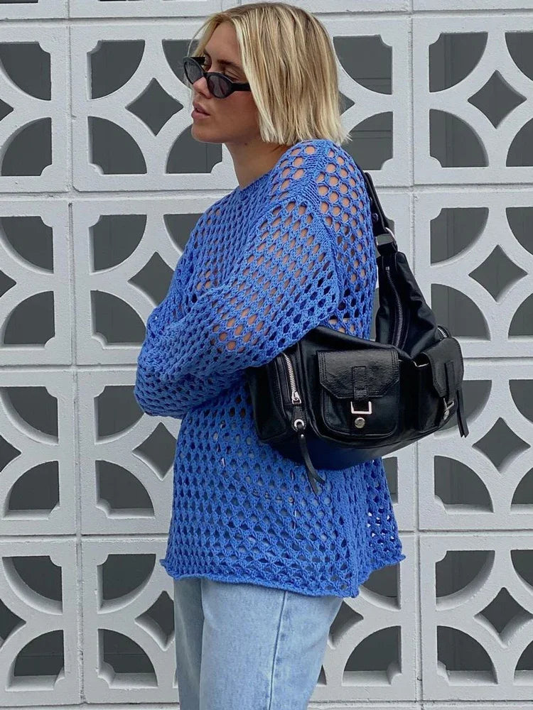 Hollow Out Knit Cover Up Dress for See-through Loose Beach Holiday Mini Dress Summer Splice Knitwear Cover Up