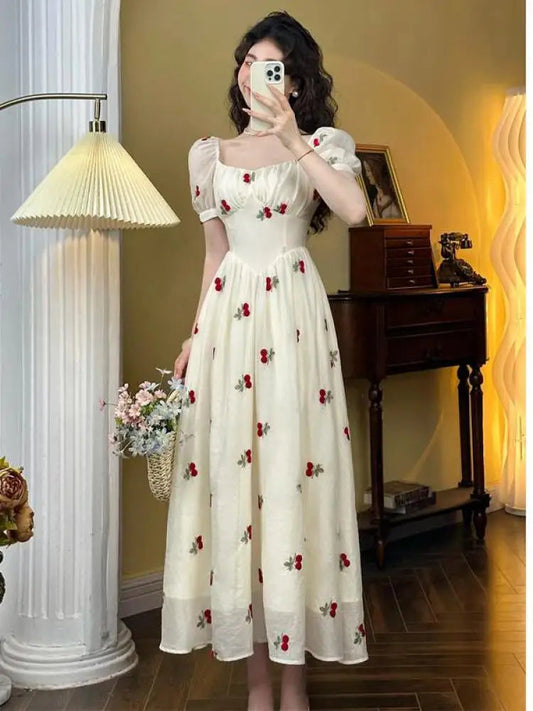 French Beige Cherry Print Evening Party Fairy Dresses Clothing Summer Vacation Short Sleeve Slim Long Dress