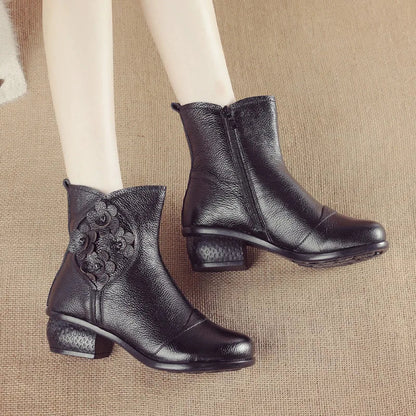 Autumn and Winter New Pu Leather Shoes Style Flower Ankle Boots Soft Sole