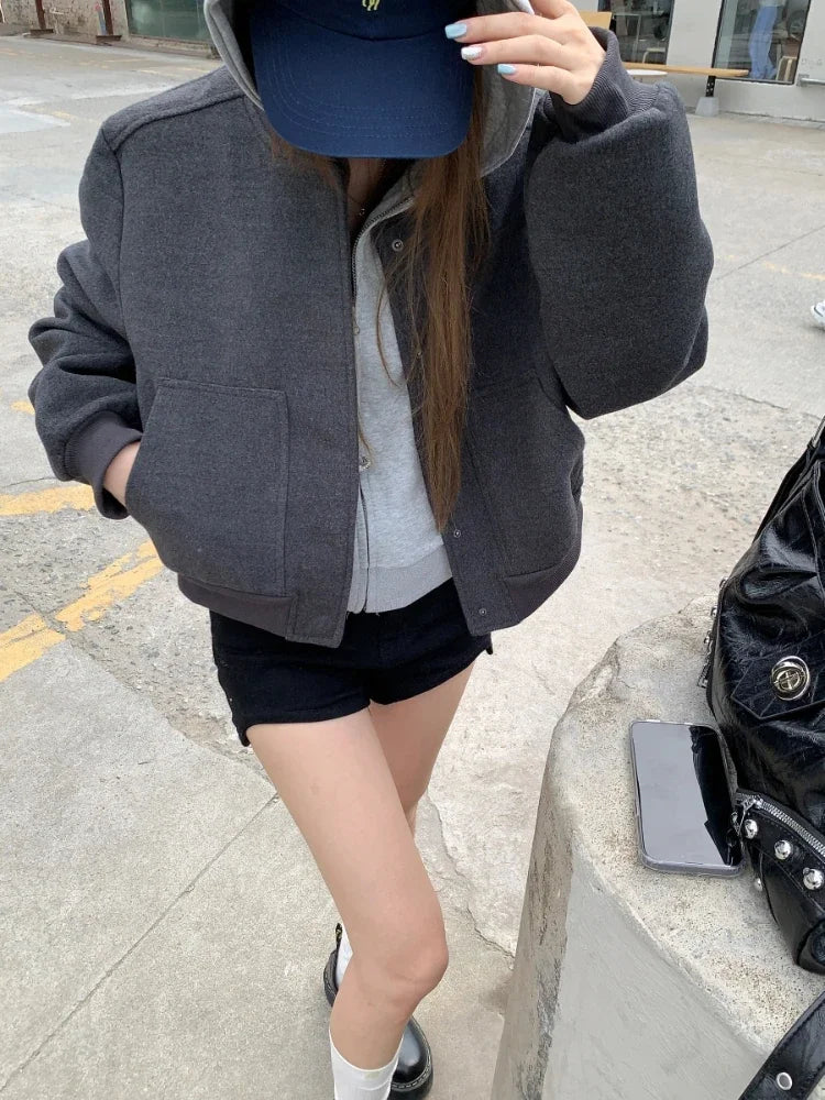 Baseball Woolen Coat Cropped Bomber Jacket Oversized Loose Korean Uniform Winter Clothes