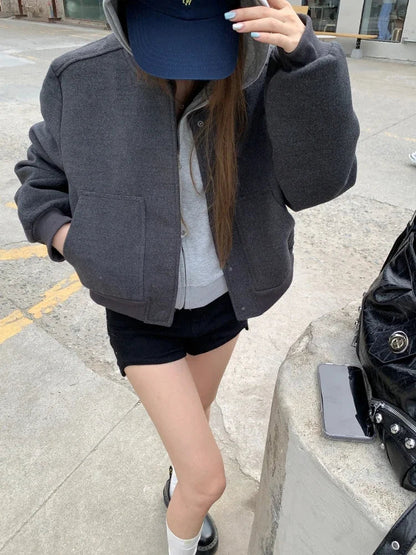 Baseball Woolen Coat Cropped Bomber Jacket Oversized Loose Korean Uniform Winter Clothes