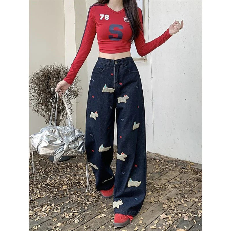 Dog Embroidery Pattern Wide Leg Jeans Cool Girl High Waist Baggy Pants Female Denim Trousers
