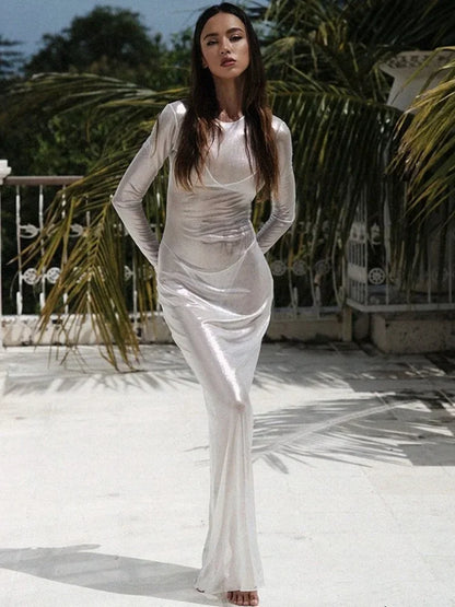 Mesh See Through Maxi Dresses for Beach Cover-ups Long Sleeve Vestidos De Mujer Slim Fit One Piece Hot Club Rave Outfits