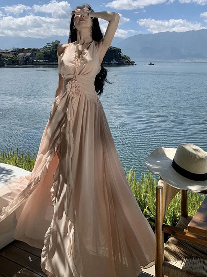 Summer New Ruffles A-line Long Dresses for Halter Backless Holiday Seaside Party Dress Korean One Piece Vestido