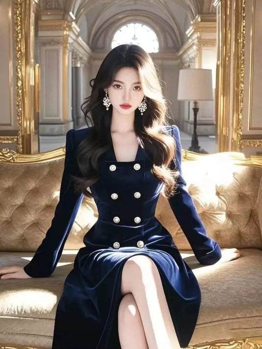 Autumn/winter New French Hepburn Style Blue Velvet Dress for Formal Occasions High End Waist Cinched Slim Maxi Dresses