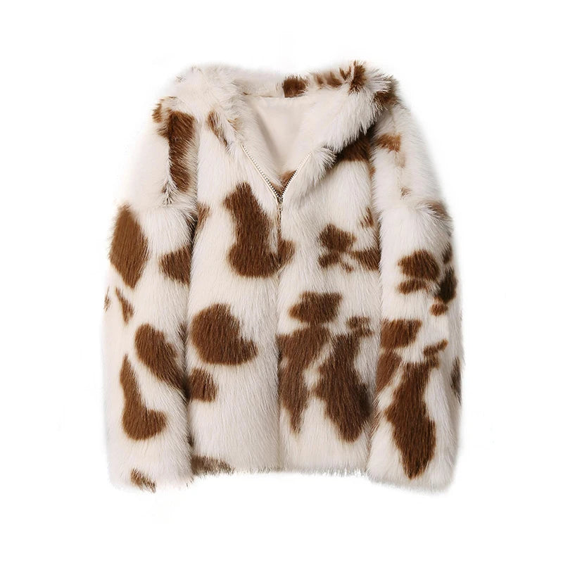 Sweet Harajuku Y2k Oversized Leopard Faux Fur Coat Winter Thicken Fox Fur Jacket Hooded Overcoat Outerwear